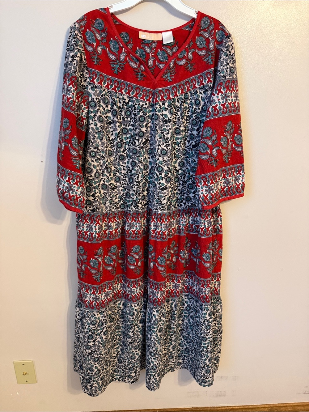 La Cera Cotton Tiered Midi Dress Paisley India Boho Pockets Muumuu House Dress